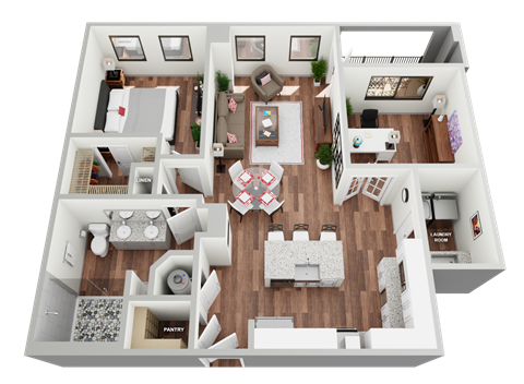 Floor plan for 1 bed, 1 bath, 977 sqft